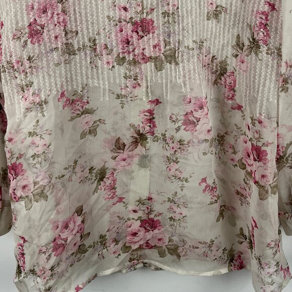 Conrad C Top Blouse Size 10 Pink Floral Long Sleeve Sheer Button Down Polyester - Picture 9 of 9